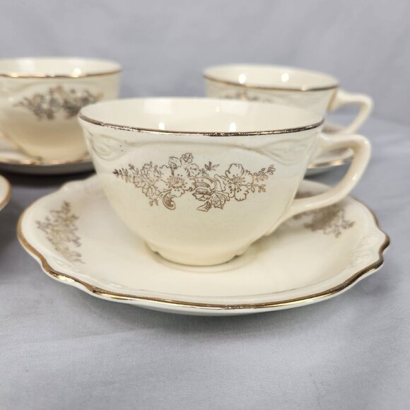 Set of 4 Vintage Homer Laughlin Virginia Rose Woodland Gold Cups and Saucers USA - Picture 6 of 15